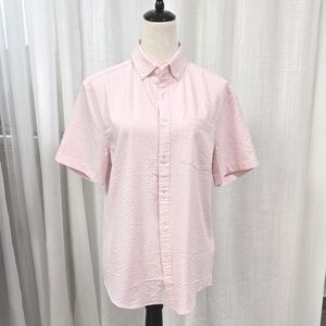 2/$30 Perry Ellis Pastel Petal Pink Seersucker Women Button Up‎ Shirt M